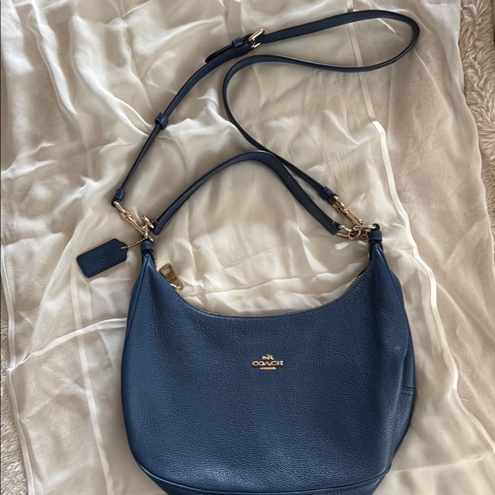 Coach Navy Leather Shoulder Bag with Gold Hardware